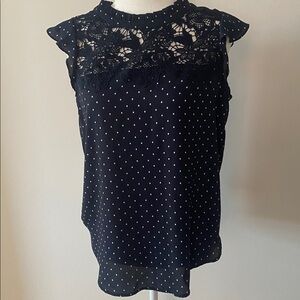 LOFT Navy Polka Dot Lace Yoke Blouse Ruffle Sleeve Top Size Smal